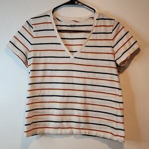 Madewell Short Sleeve V Neck Shirt Striped 100% Cotton Women's Sz Small EUC NICE